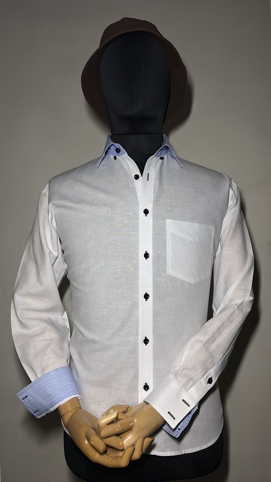 Men's Premium White Dress Shirt with Blue Striped Contrast Details - Long Sleeve