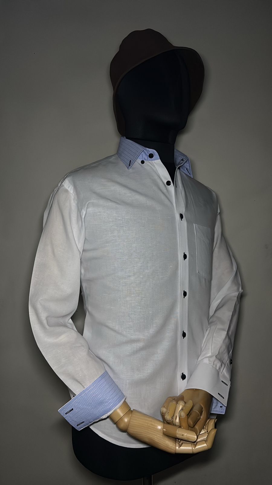Men's Premium White Dress Shirt with Blue Striped Contrast Details - Long Sleeve - Image 2