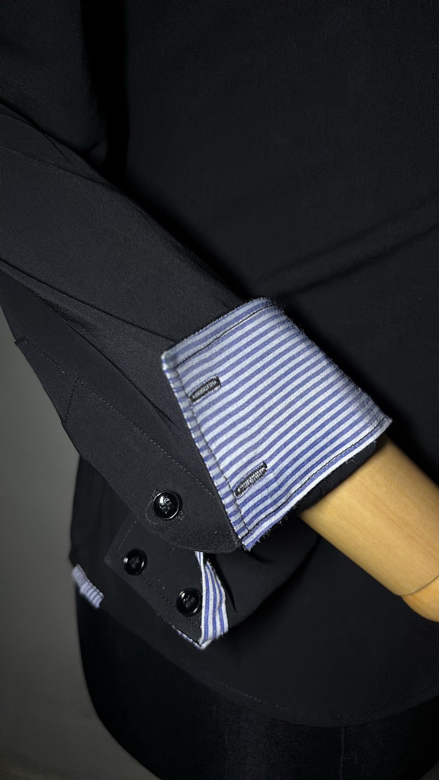 Men's Premium Black Dress Shirt with Blue Striped Contrast Details - Long Sleeve - Image 2