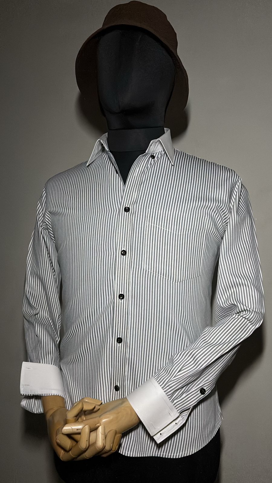 Men's Premium White Dress Shirt with Subtle Grey Stripes - Long Sleeve