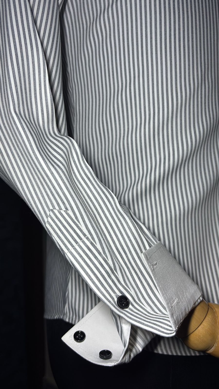 Men's Premium White Dress Shirt with Subtle Grey Stripes - Long Sleeve - Image 3