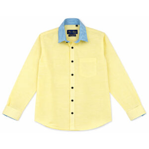 Men's Premium Yellow Dress Shirt with Blue Striped Contrast Collar – Tailored Fit, Long Sleeve