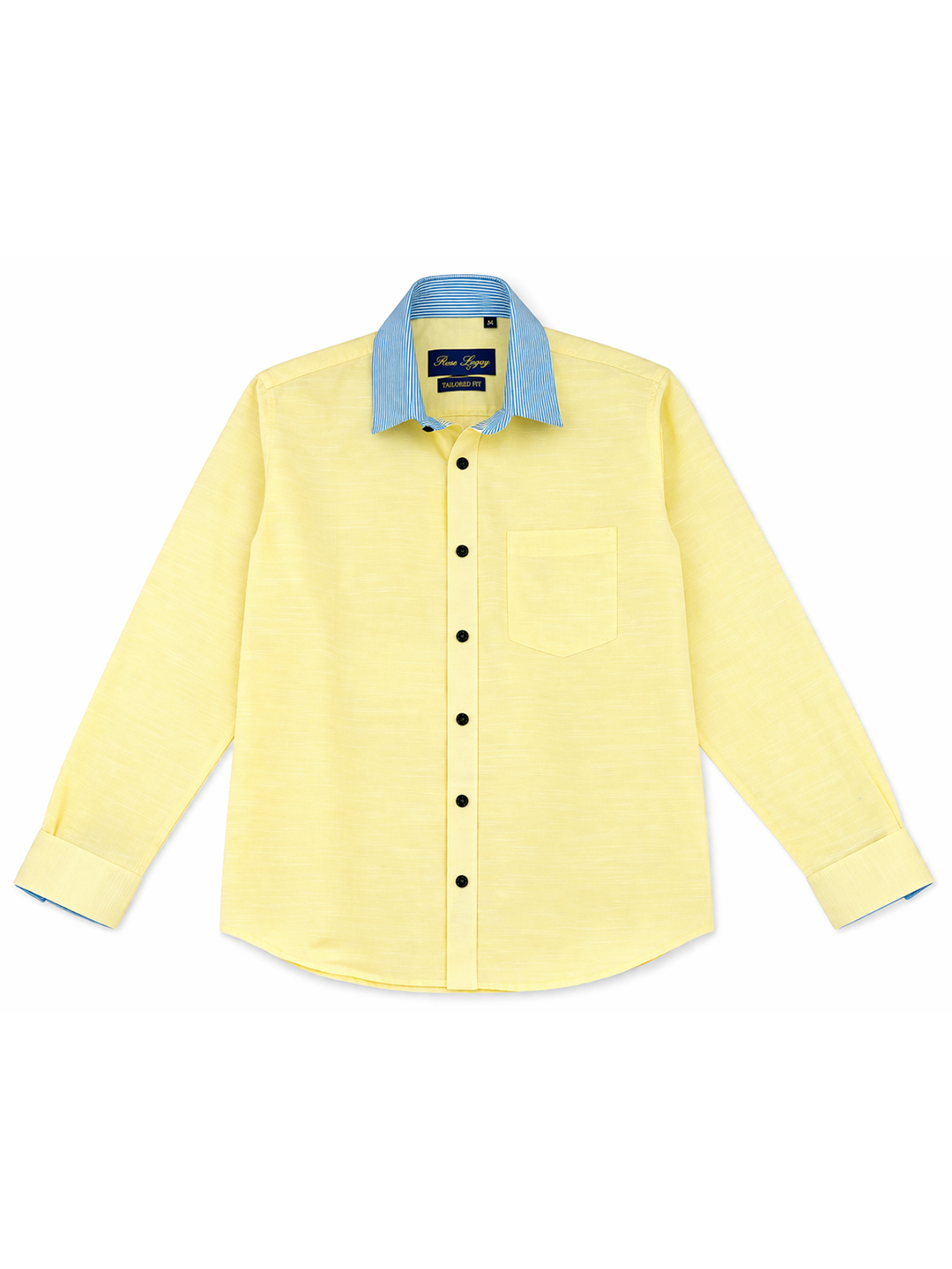 Men's Premium Yellow Dress Shirt with Blue Striped Contrast Collar – Tailored Fit, Long Sleeve