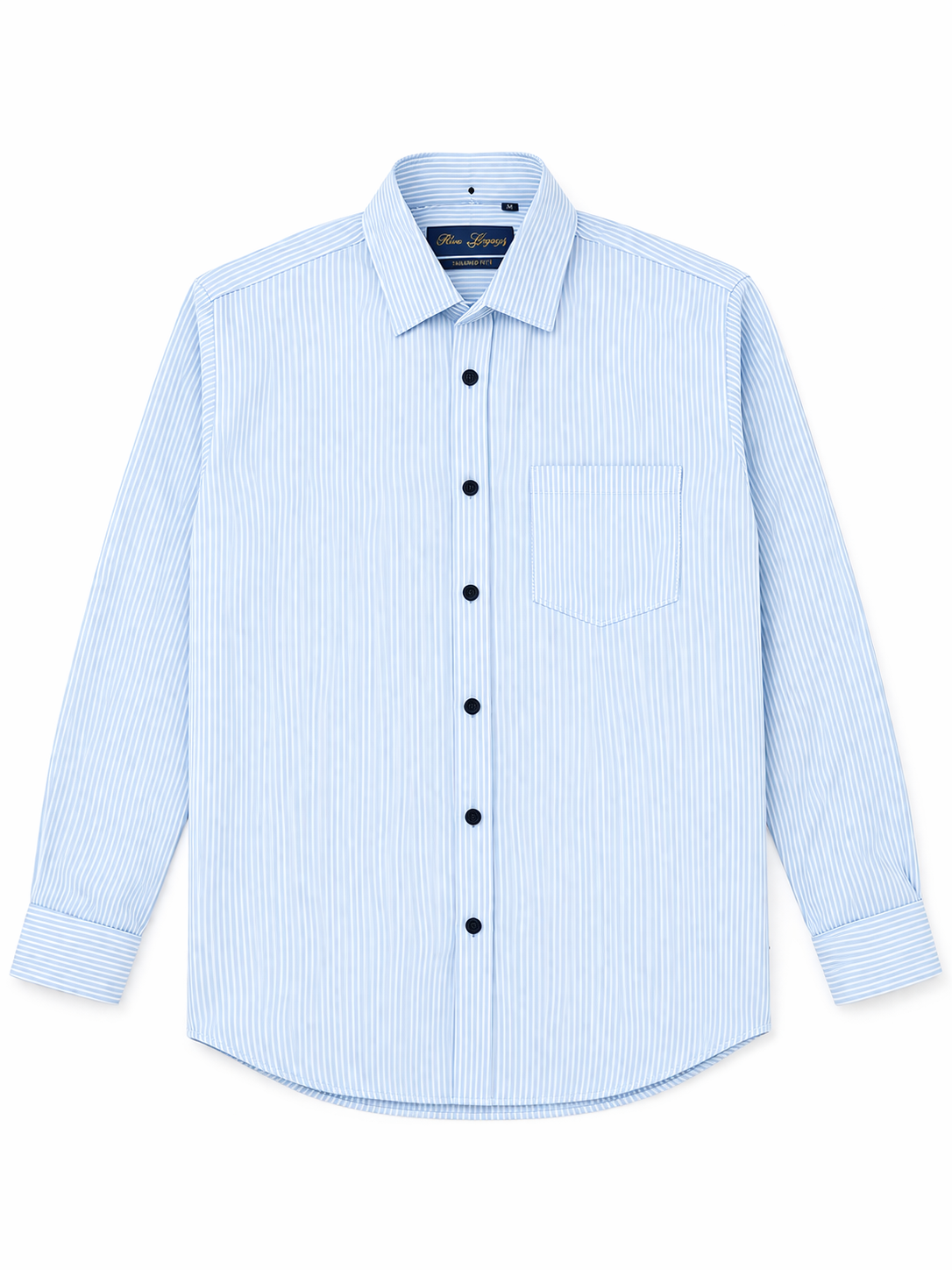 Men's Premium Light Blue Stripe Dress Shirt with Navy Buttons - Long sleeve