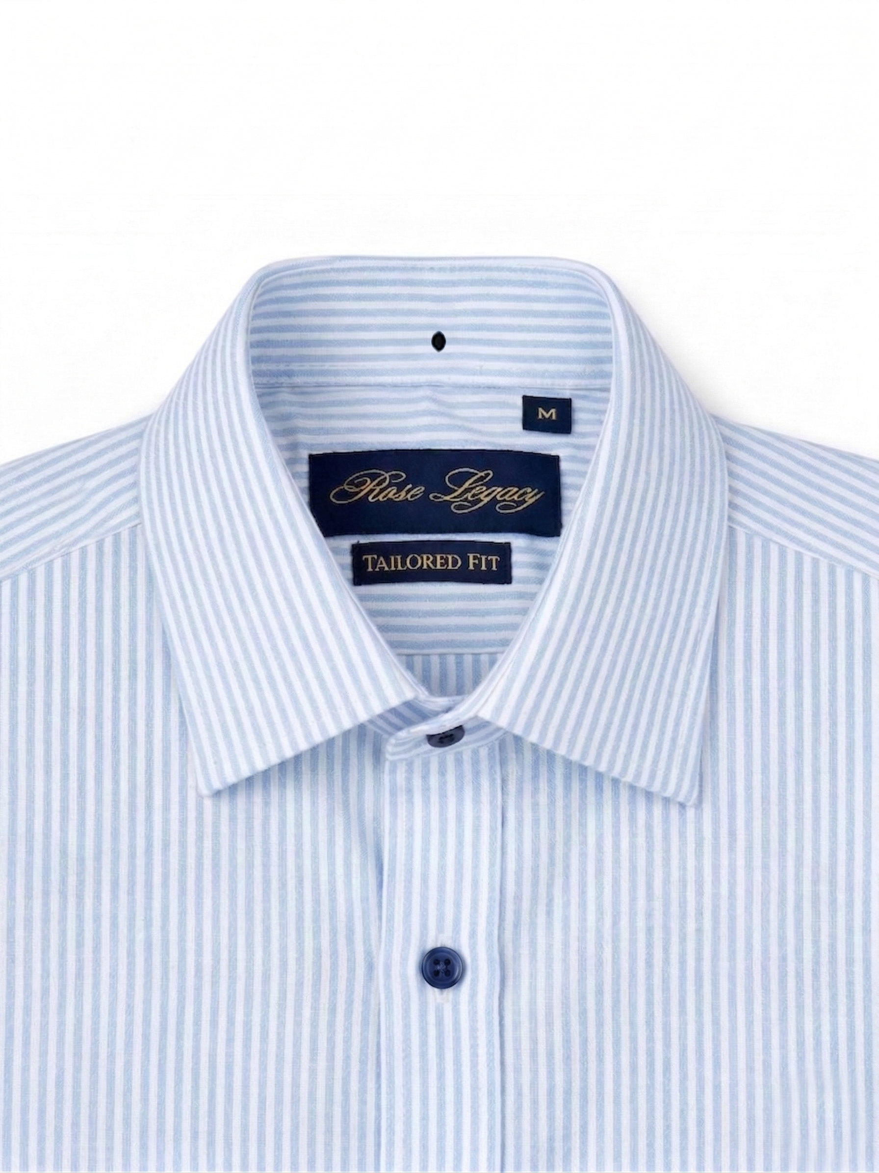 Men's Premium Light Blue Stripe Dress Shirt with Navy Buttons - Long sleeve - Image 4